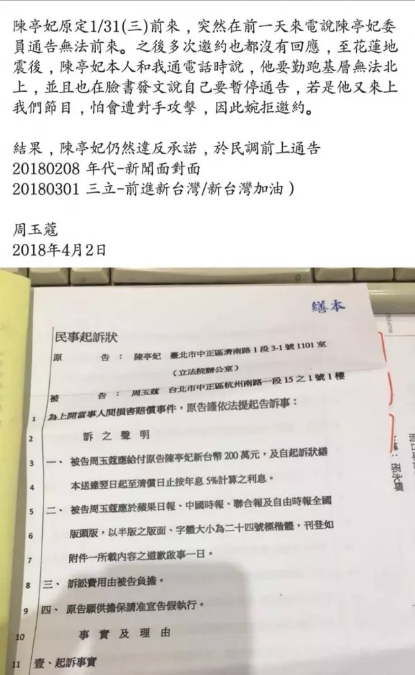 嗆陳亭妃說謊 周玉蔻遭求償200萬