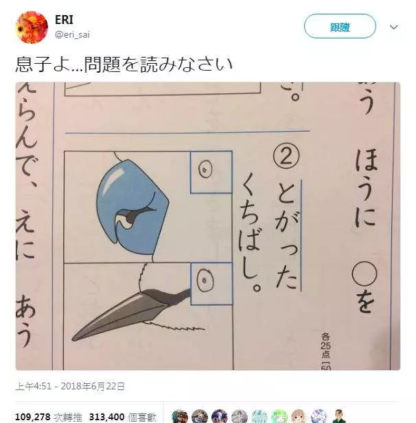媽媽PO齣兒子的小學題目「請圈出尖的鳥嘴」 大公司一看就搶著要人