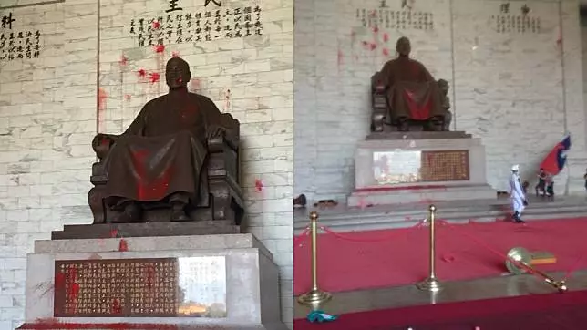 獨派突襲「中正紀念堂」 蔣介石銅像遭潑紅漆