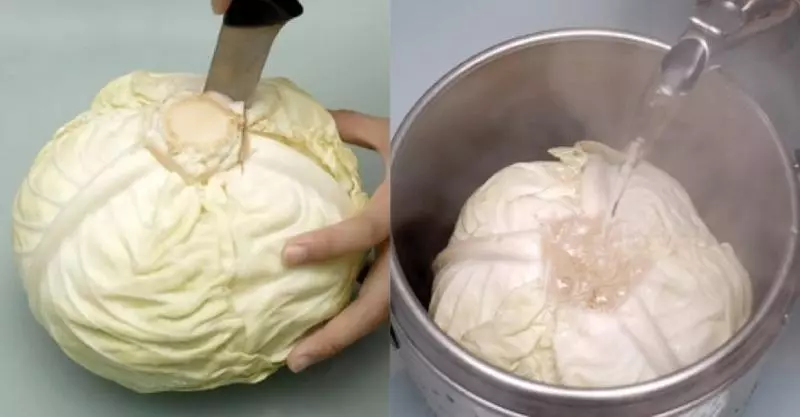 他用刀子挖出高麗菜心後,接著把滾燙的熱水倒進心裡面,30分鐘後連媽媽都要拜師了...
