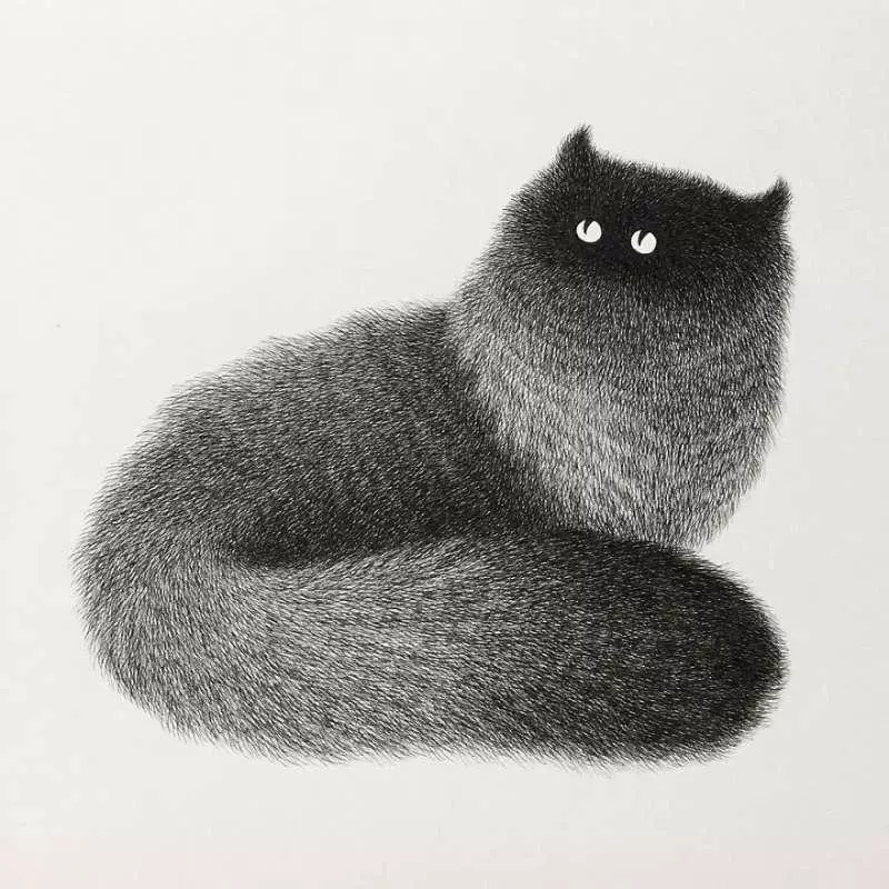 大馬插畫家用黑色墨水創作出「蓬鬆喵星人」 看一眼就很想把它帶回家