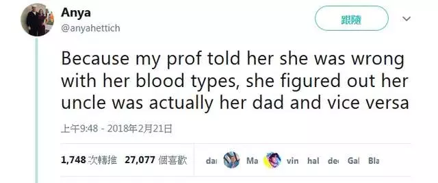 女大生上生物課才發現「血型怪怪的」,下次上課她在全班243人面前宣布:「我爸媽離婚了。」
