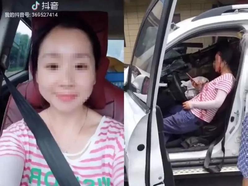 女子邊開車邊「抖音」結果猛撞護欄插入貫穿全車!在車裡待救時,仍在滑著手機!
