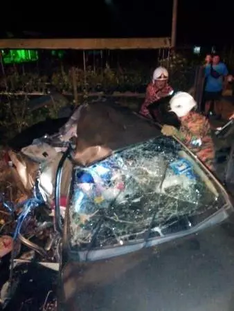 轎車失控撞樹再墜溝,整輛車毀不成形!4好同事3死1傷!