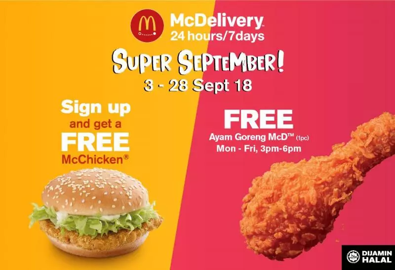 只需註冊McDelivery就送你漢堡包!星期一至五送Ayam Goreng!即日起直到9月28日!