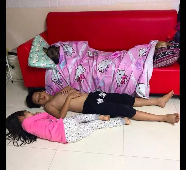 孩子讓狗狗睡在沙發上蓋好被子,自己則就睡在地板上,太有愛了!