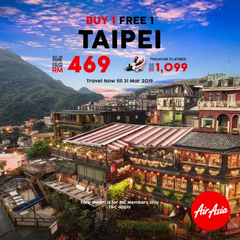 AirAsia飛往台北和中國買一送一促銷!