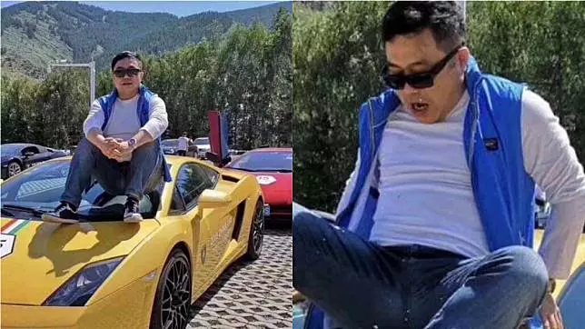 耍帥拍照竟坐爛藍寶堅尼整片玻璃破碎，不少網友紛紛笑說「他的心也跟著一起碎了」