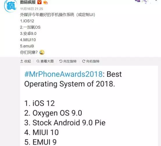 外媒評選年度最好用系統:iOS奪冠 氧OS次之 MIUI10力壓EMUI9