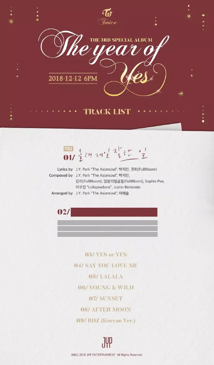 [TWICE][分享]181203 《The year of "Yes"》歌單&配置公開！主打曲由樸振英參與製作