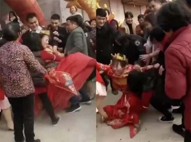 結婚遭婚客強壓在地摸,新娘起身反擊狠踹男下身
