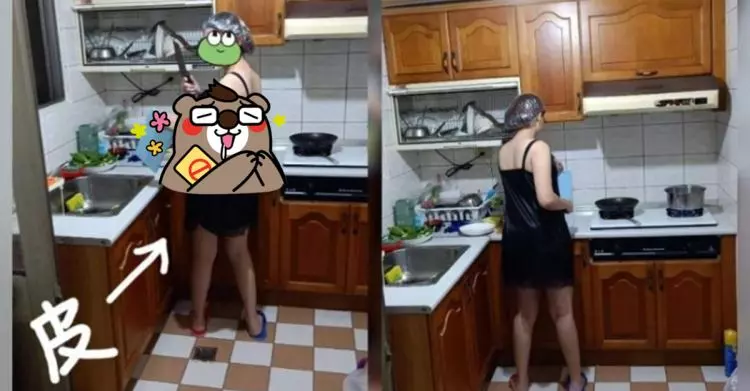 白皙老婆好調皮!細肩睡衣煮飯「頭戴這超爆笑」…轉身網全歪樓:側面很兇!