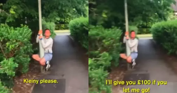 電線桿自鎖術有夠狂!路人和「電線桿」連在一起,哭著求救...網友:這弄不好腳會斷吧?