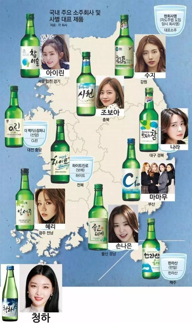 2018年韓國各地區燒酒女愛豆代言人圖鑑出爐,你家姐姐上榜了嗎