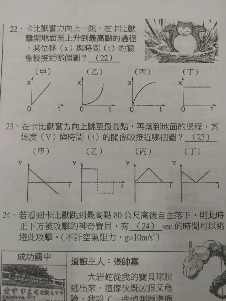 國三自然考卷「整張都是寶可夢」 卡比獸害網哭:害我討厭這款遊戲