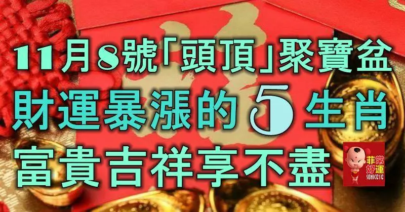 11月8號「頭頂」聚寶盆,財運暴漲的5生肖,富貴吉祥享不盡!