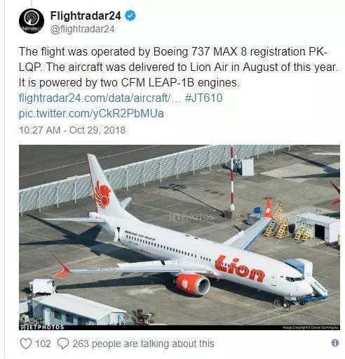 今年8月剛交付的印尼新飛機,載180餘人獅航客機墜毀,大馬中國等籍 的搭客不詳