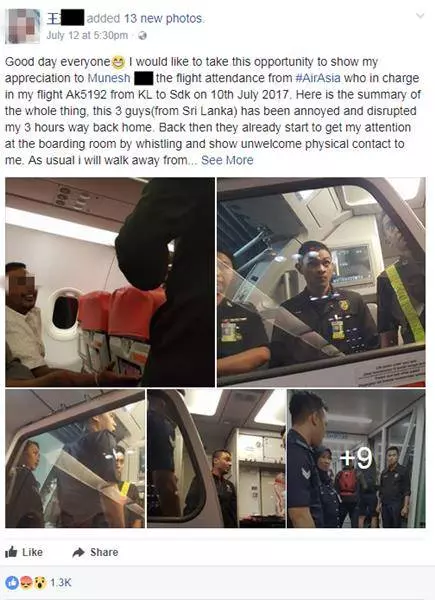 大馬女子乘飛機,被3名外籍男子各種騷擾,亞航空少英雄救美,挺身而出