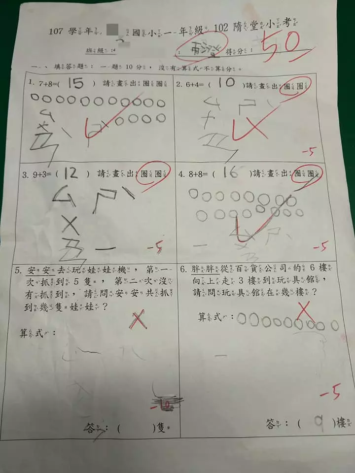 寫算式才給分!數學只考50分媽媽崩潰 天兵女兒:「我有寫算式欸」網友一看笑噴:老師才該扣分