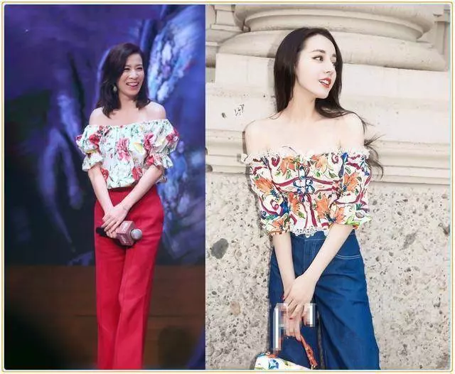 43歲佘詩曼撞衫26歲迪麗熱巴,明明相差17歲,兩人同穿印花一字肩卻氣質爆棚,網友:凍齡只服佘詩曼…