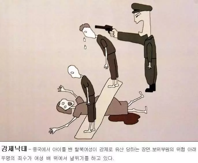 這是一個逃離北韓的插畫家憑著記憶畫出的【北韓監獄裡的情況】的20張超恐怖插畫 #8 犯人必須跪在地上聆聽政治宣傳