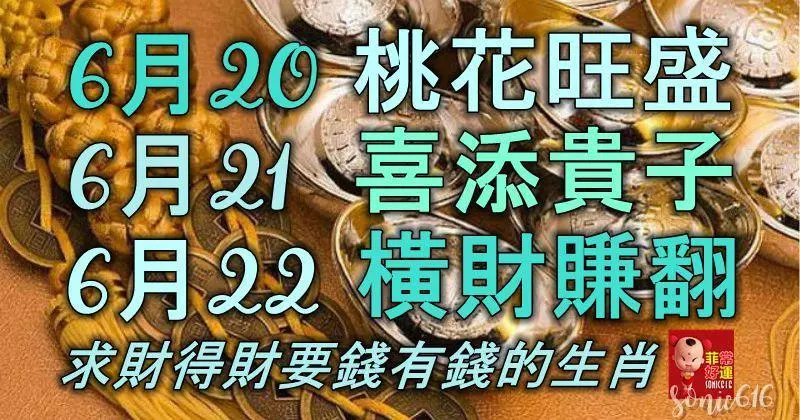 6月20號桃花旺盛,21號喜添貴子,22號橫財賺翻,求財得財要錢有錢的生肖