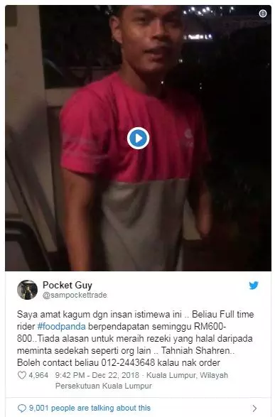 大馬最勵志「無掌青年」駕Motor送外賣每周賺RM800!網民狂Like:真正的男子漢是他!
