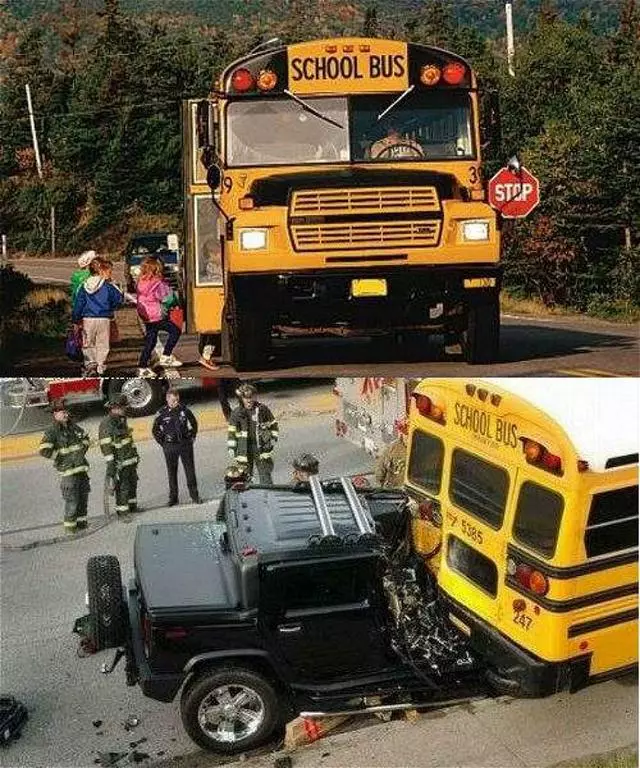 美國校車質量如何?車禍現場堪比雞蛋碰石頭,總統的車都給它讓道