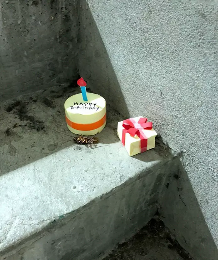 小強孤單躺樓梯竟成「懸疑八點檔」 無聊男子打造悲傷場景:R.I.P