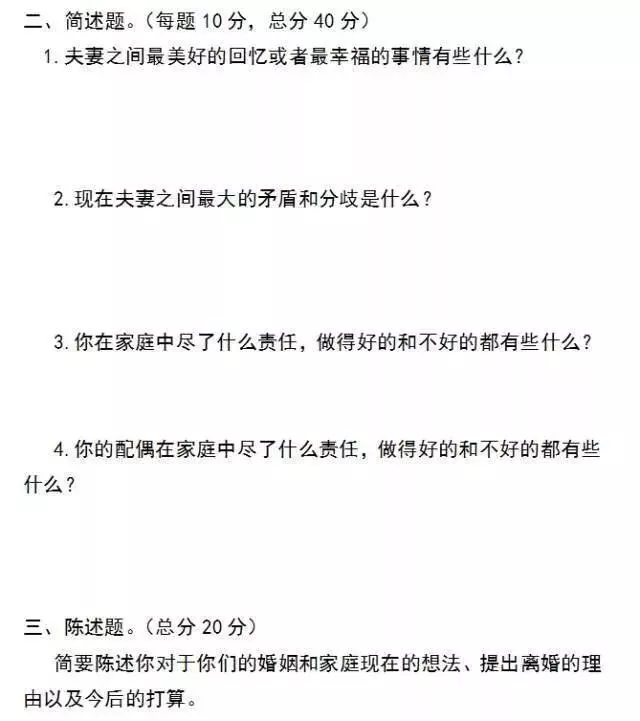 「離婚考卷」紅了!分數太高的夫妻不準離婚!你能做對幾道?