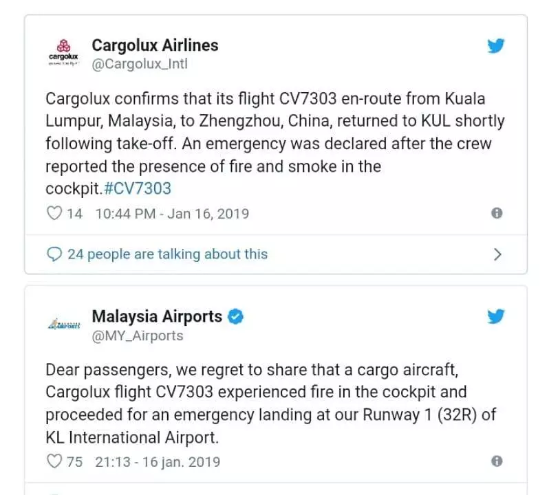 起火冒煙 Cargolux貨機 緊急折返 KLIA機場