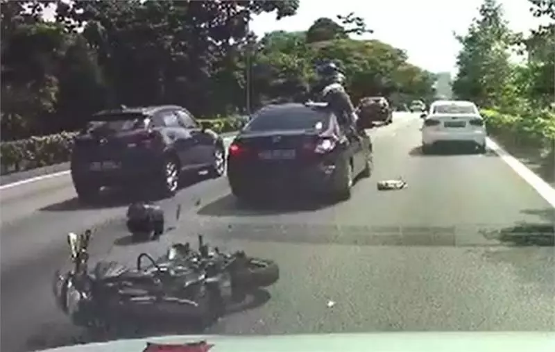 前方汽車急剎變道 騎士夫妻躲避不及撞車尾遭拋飛 接下來一幕感人了!