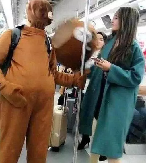 網紅熊在捷運調戲正妹,引正妹怒拔頭套,,下一刻全車人笑瘋
