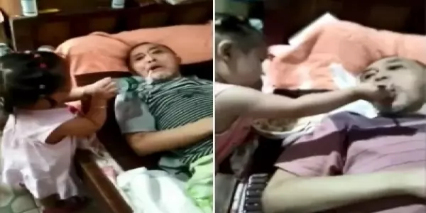 阿公把「0血緣女兒」帶回家養!如今他突然「癱瘓躺床」,超可愛1歲孫女「挖飯一口一口餵」報恩阿公:嘴嘴啊!