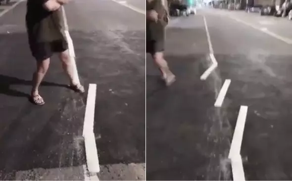 韓市府鋪路掉漆?拖鞋男輕輕一踢「路面標線」秒歪 網笑翻:大型立可帶