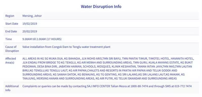 柔佛水務局(SAJ)發出公告:2月19日起部分地區將制水!