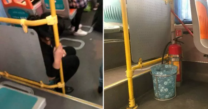 公然在眾目睽睽下坐在垃圾桶上大解,驚呆全車乘客