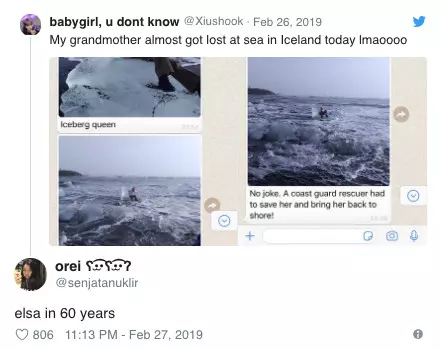 老爸帶著奶奶在「冰之王位上」拍照 下張照片奶奶直接漂走了...