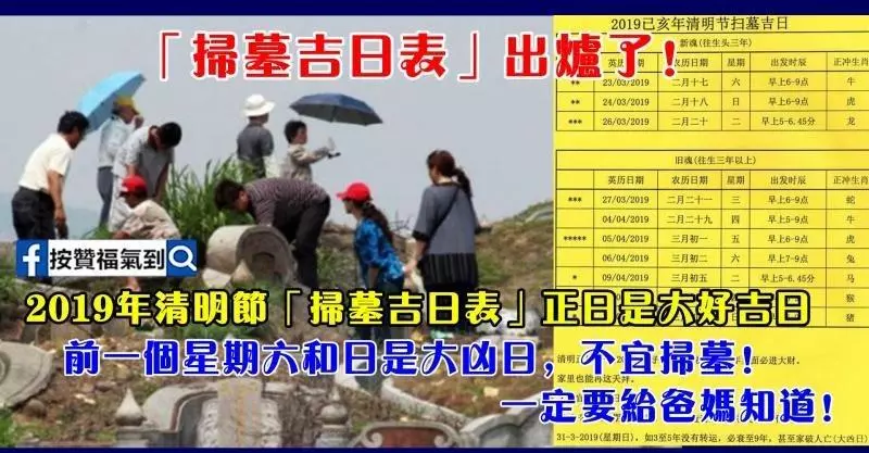 2019年清明節「掃墓吉日表」出爐!正日是大好吉日!前一個星期六和日是大凶日,不宜掃墓! 一定要給爸媽知道