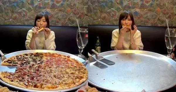 大胃王挑戰82寸披薩,鏡頭拉近後水杯穿幫了,網友:難怪可以吃完!