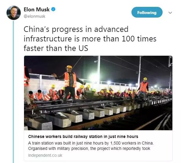 特斯拉CEO馬斯克:中國基建速度比美國快100倍!