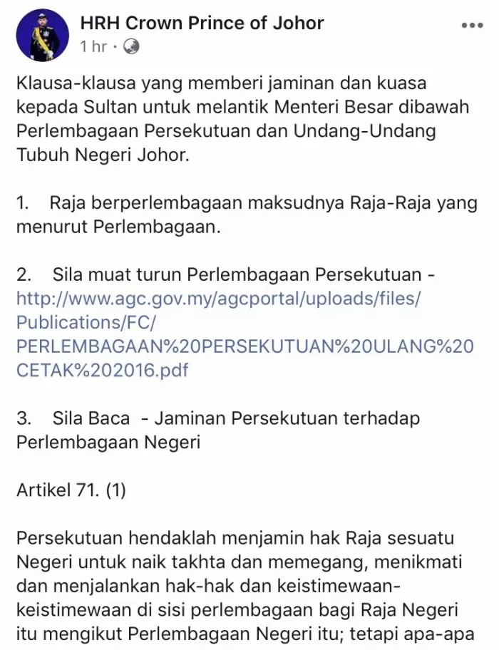 柔王儲再引用憲法及柔憲法!委任大臣有主動權