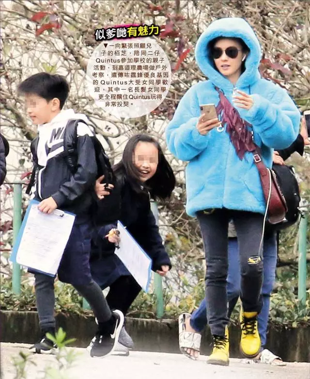 張柏芝兒子越長越像謝霆鋒,野外活動被女同學圍追超受歡迎!