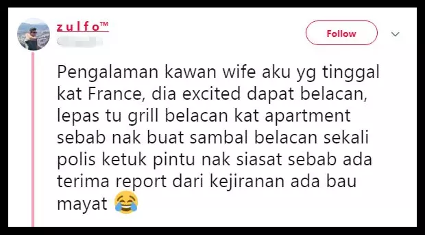 員警找上門懷疑她的房子有屍體味道,看到來源她奔潰了:「這是家人寄給我的Belacan!」