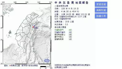 04:38花蓮又震 最大震度4級