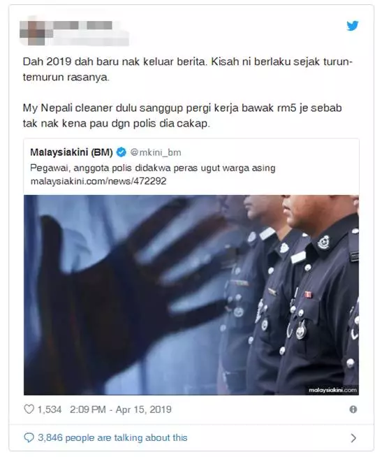 大馬外勞每次只敢帶RM5出門,「遇上員警賺「Kopi錢最少RM100!」