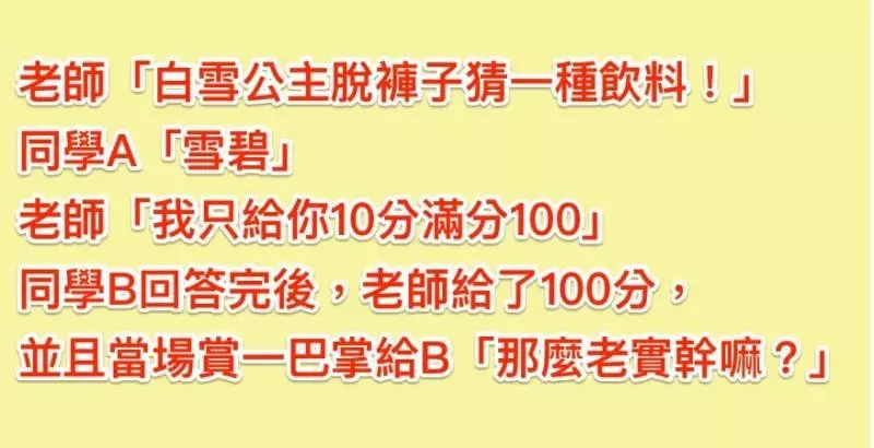 老師問同學「白雪公主脫褲猜一種飲料」!A同學回「答老師只給10分」,B同學回答「老師的100分和一巴掌」!到底為什麼呢?