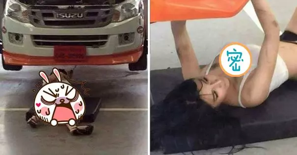 哪家修車廠?辣妹員工穿吊帶修車,側躺後霸氣逼人.... 鄉民:我的輪框我的機油應該要換一下哦!