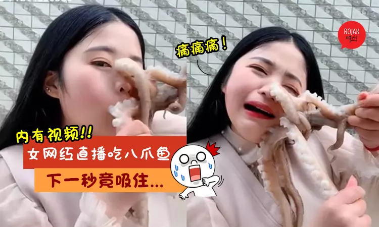 女主播生吞八爪魚被吸住❗ 哭著扯至「臉部扭曲」破相噴血? 網民: 活該‼