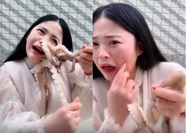 女主播生吞八爪魚被吸住❗ 哭著扯至「臉部扭曲」破相噴血? 網民: 活該‼